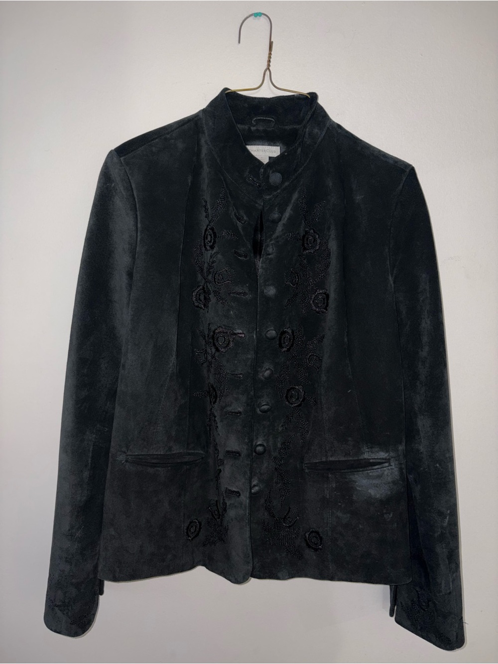 Charter Club Black Velvet Embroidered Button Jacket